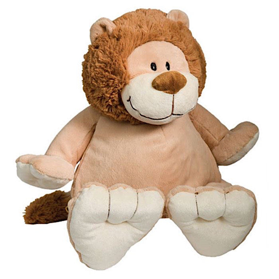Beige lion plushie teddy with fluffy brown mane and large hands and feet ready to be personalised on the tummy