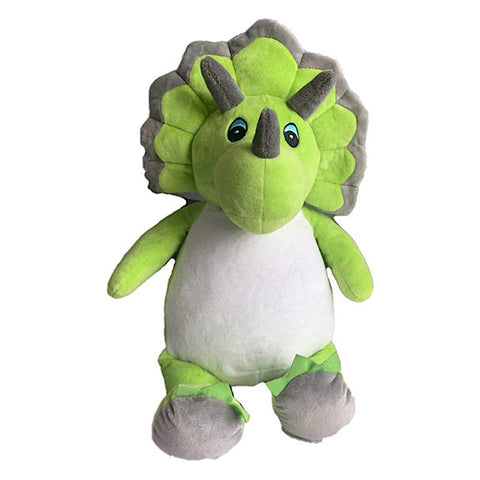 Green and grey triceratops dinosaur plushie teddy with a white belly ready to be personalised