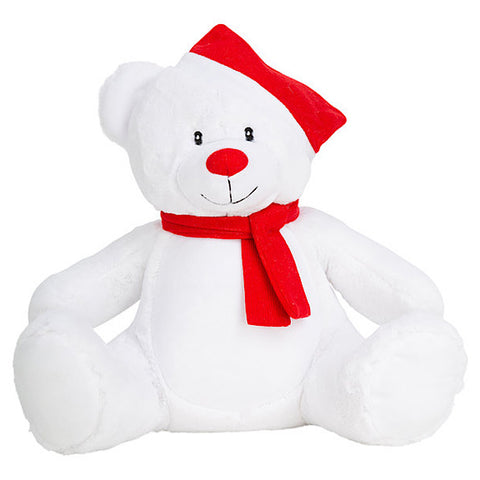 White bear plushie teddy with a red nose, red scarf and red and white santa hat ready to be personalised for Christmas