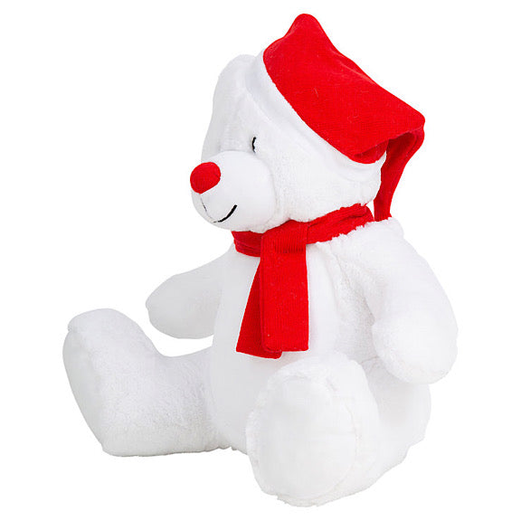 Side view of white bear plushie teddy with a red nose, red scarf and red and white santa hat ready to be personalised for Christmas