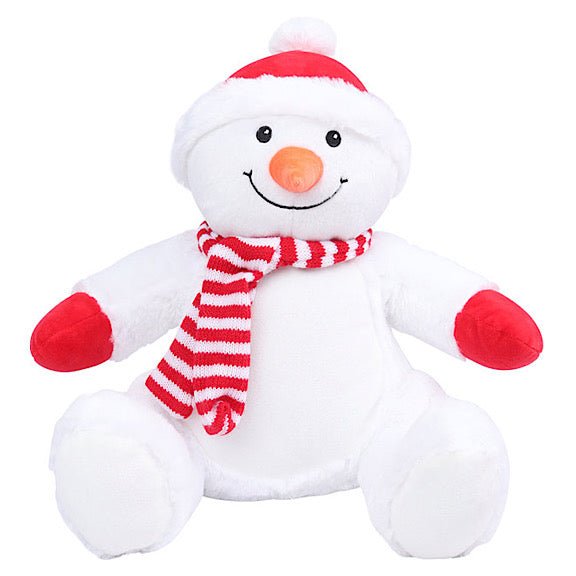 White snowman plushie teddy with a carrot nose, red hands, red and white scarf and red and white santa hat ready to be personalised for Christmas
