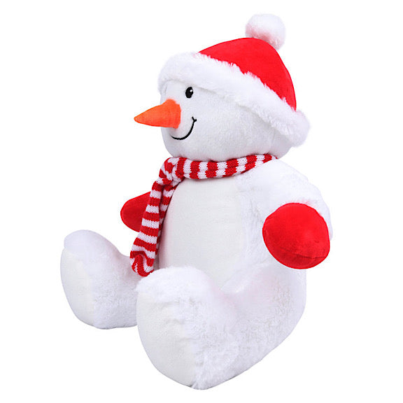 Side view of white snowman plushie teddy with a carrot nose, red hands, red and white scarf and red and white santa hat ready to be personalised for Christmas