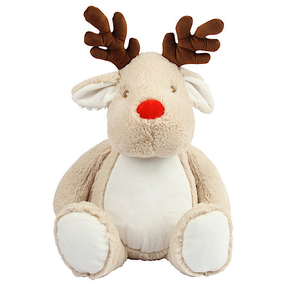 Light brown and white reindeer Christmas plushie teddy with dark brown antlers, red nose and white belly ready to be personalised