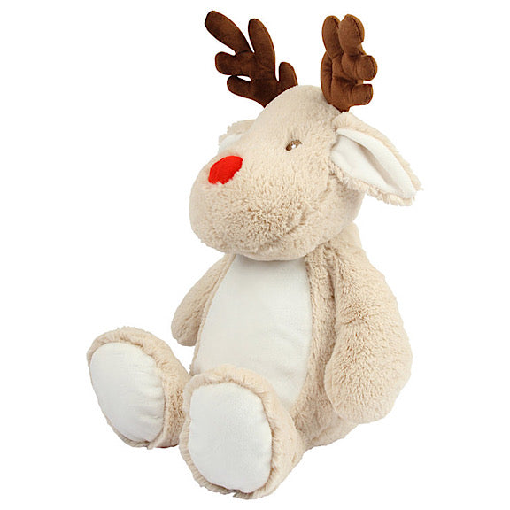 Side view of light brown and white reindeer Christmas plushie teddy with dark brown antlers, red nose and white belly ready to be personalised