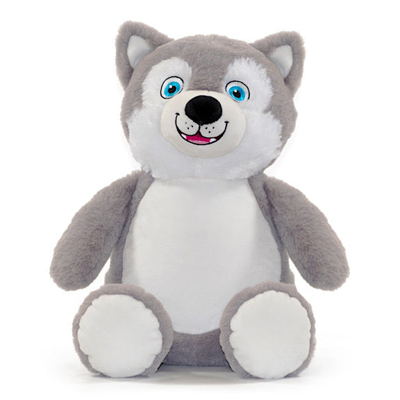Grey and white husky plushie teddy with bright blue eyes and a toothy smile with a white belly ready to be personalised