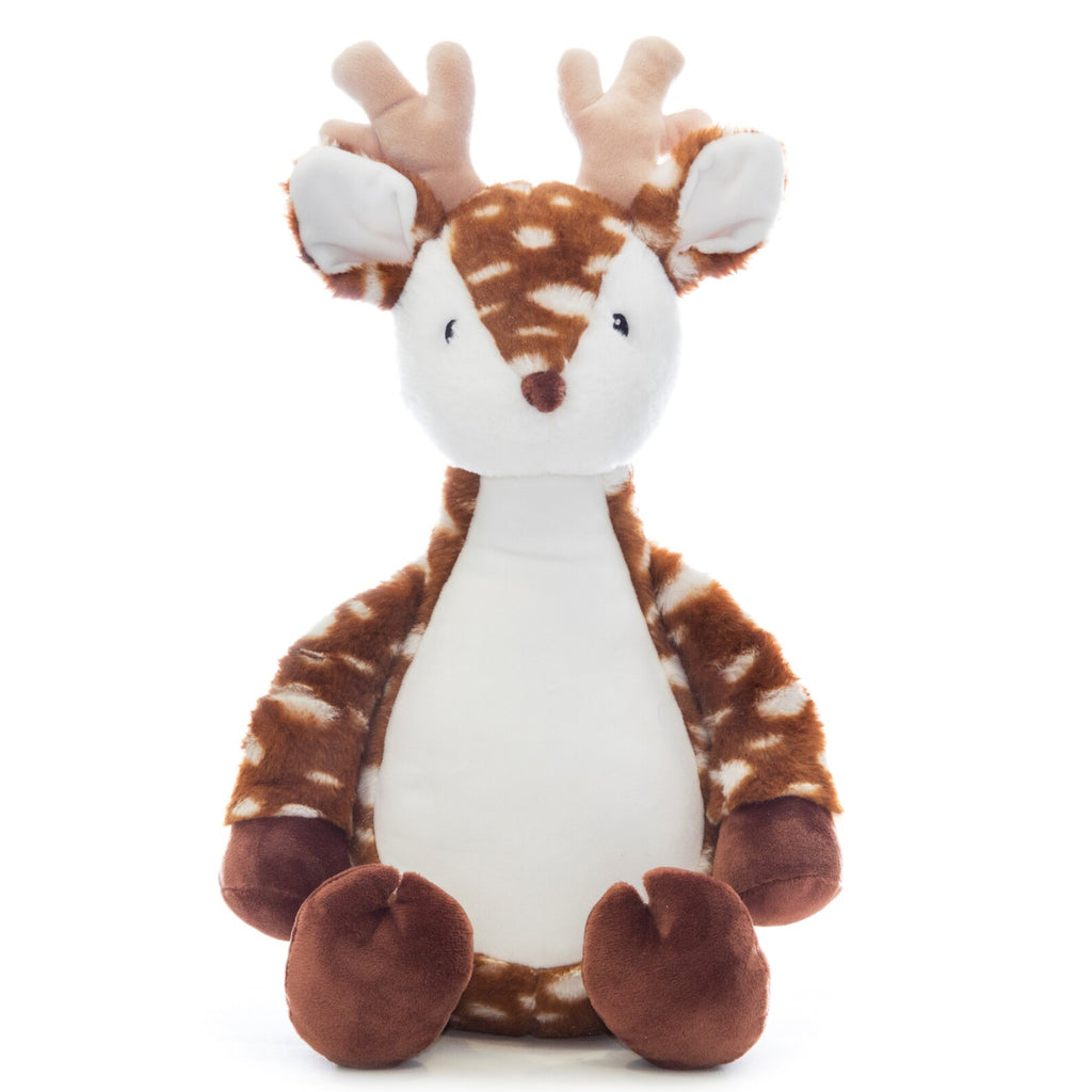 Brown and white deer plushie teddy with snowflake shapes spots and cream antlers with a white belly ready to be personalised for Christmas