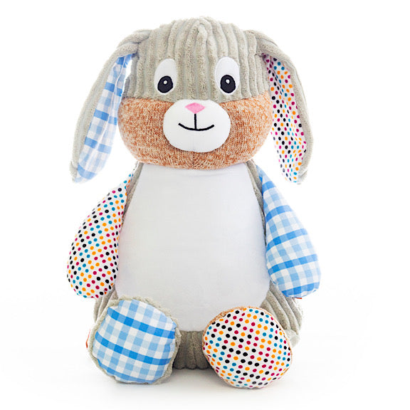 Blue harlequin bunny plushie teddy with blue and white cheque fabric or colourful spot fabric on ears, arms and feet with a white belly ready to be personalised