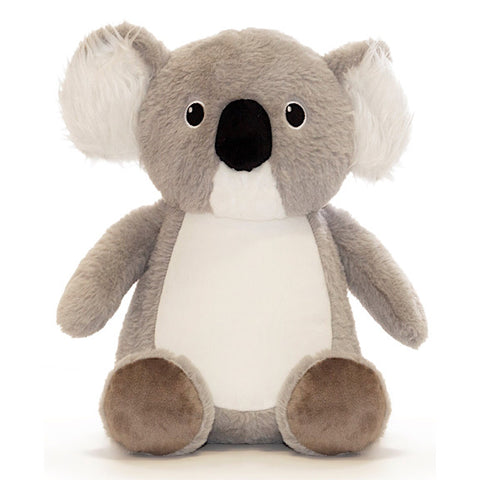 Grey and white koala plushie teddy with bright blue eyes and a toothy smile with a white belly ready to be personalised