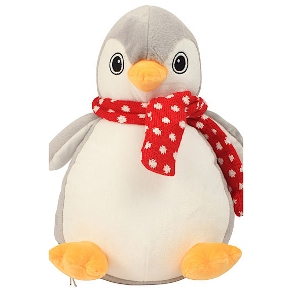 Grey and white penguin Christmas plushie teddy with a red scarf with white snowflakes and white belly ready to be personalised