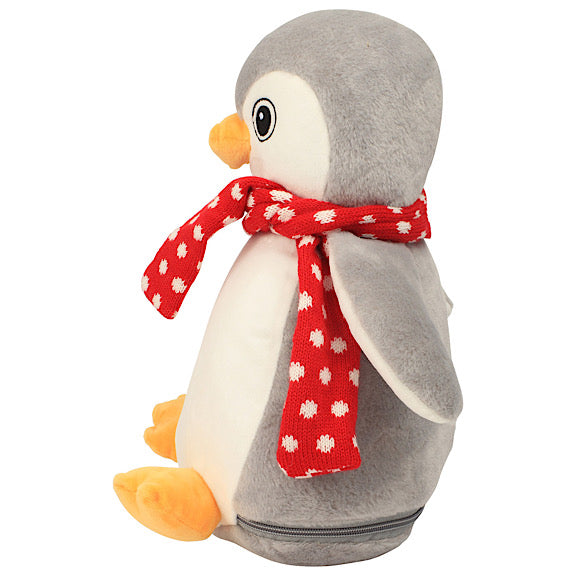 Side view of grey and white penguin Christmas plushie teddy with a red scarf with white snowflakes and white belly ready to be personalised