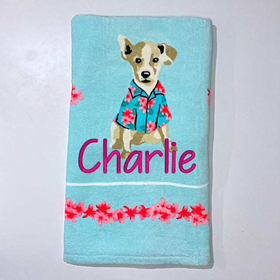 Extra large aqua blue beach towel with dogs wearing dogs wearing Hawaiian hibiscus shirts, personalised with a name