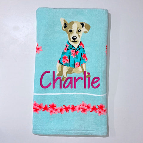 Extra large aqua blue beach towel with dogs wearing dogs wearing Hawaiian hibiscus shirts, personalised with a name