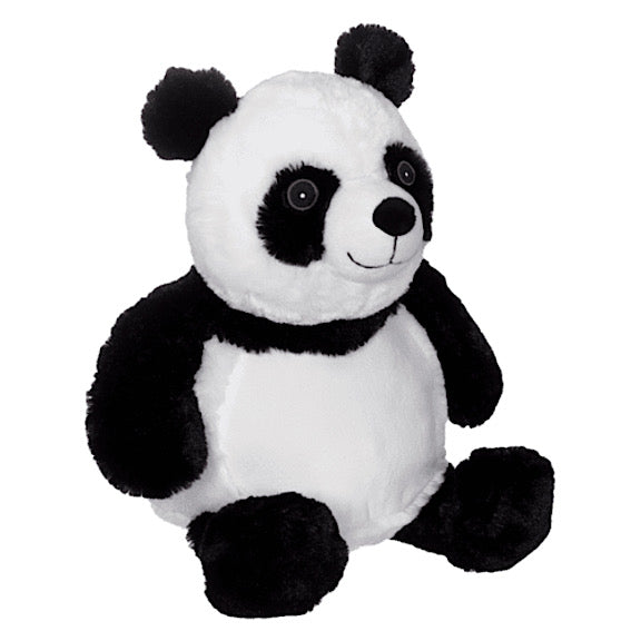 Black and white plushie teddy ready to be personalised on the tummy