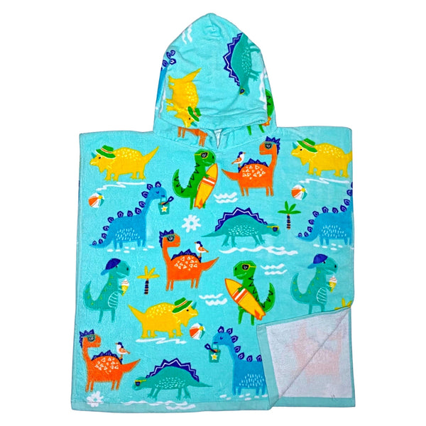 Junior sized beach poncho covered in a variety of species of dinosaurs going to the beach and surfing, personalised with a name on the back.