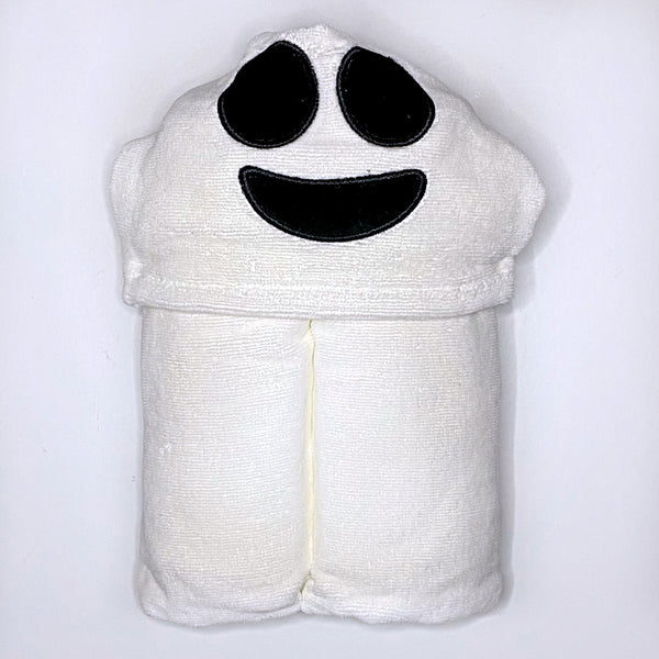 Children's hooded bath towel of a white ghost, personalised with a name.