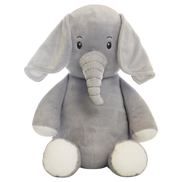 Grey elephant plushie teddy with floppy ears ready to be personalised on the belly
