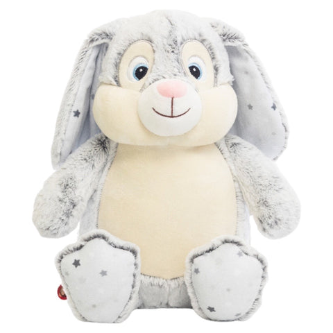 Grey bunny plushie teddy with blue eyes and long floppy ears with accent material of light grey with dark grey stars on the ears and feet pads ready to be personalised on the belly
