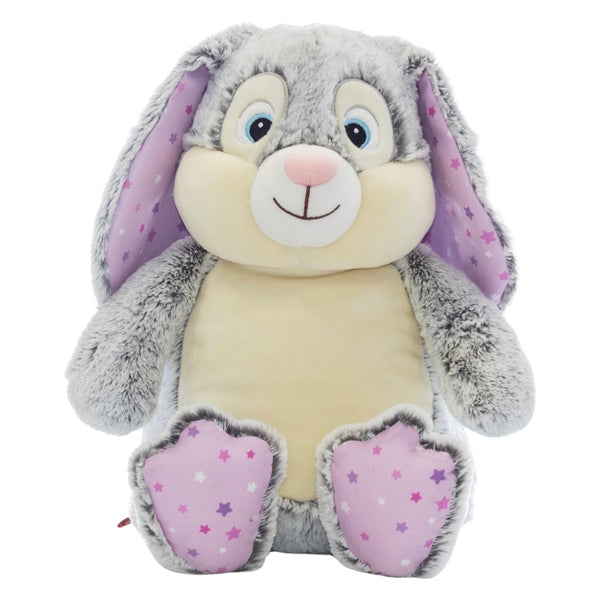 Grey bunny plushie teddy with blue eyes and long floppy ears with accent material of light pink with pink, purple and white stars on the ears and feet pads ready to be personalised on the belly