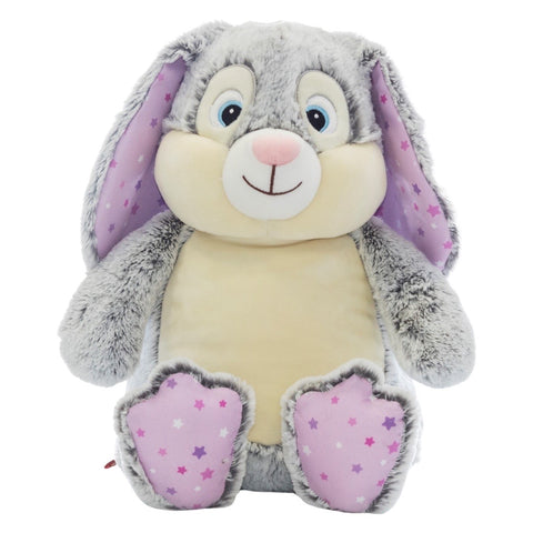 Grey bunny plushie teddy with blue eyes and long floppy ears with accent material of light pink with pink, purple and white stars on the ears and feet pads ready to be personalised on the belly