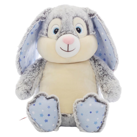 Grey bunny plushie teddy with blue eyes and long floppy ears with accent material of light blue with blue and white stars on the ears and feet pads ready to be personalised on the belly
