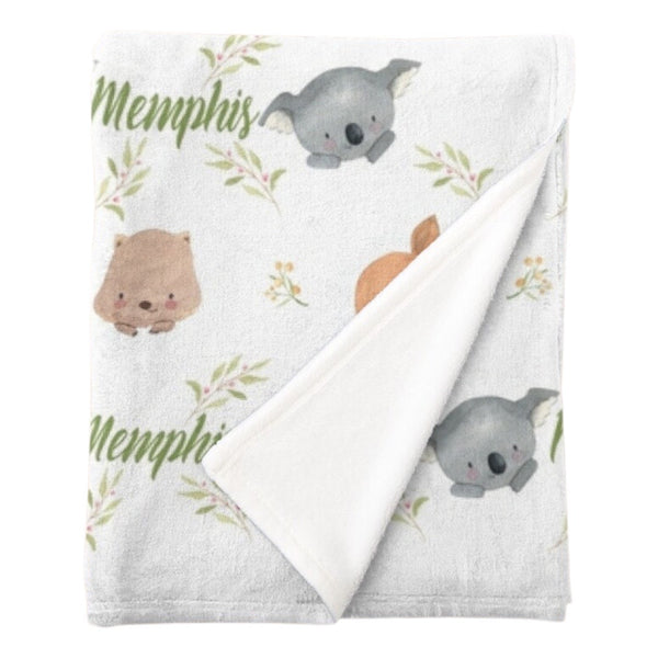 Personalised fleece minky blanket with australian animals including koala, kangaroo, wombats and platypus 