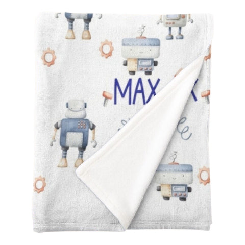 Personalised fleece minky blanket with a selection of different robots, springs and sprogs