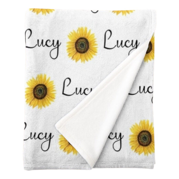 Personalised fleece minky blanket with large yellow sunflower heads