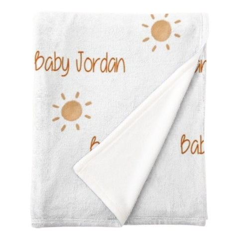 Personalised fleece minky blanket with ochre coloured suns, ideal for gender neutral baby showers