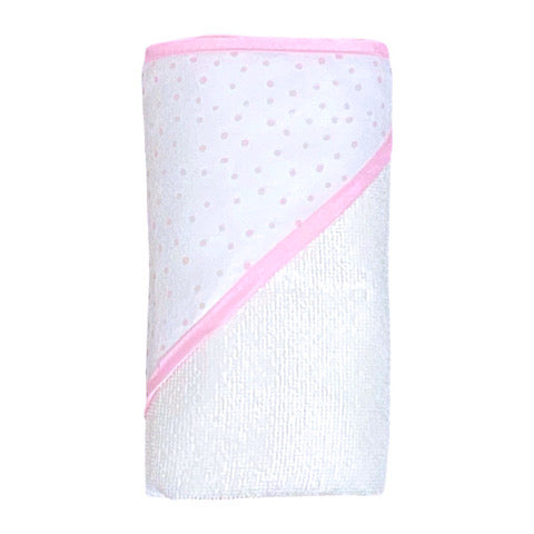 White baby towel finished with a light pink trim around the edge of the towel with a white with pink spots hood ready to be personalised with  a name