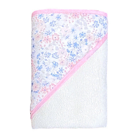 White baby towel finished with a light pink trim around the edge of the towel with a white with pink and blue flower hood ready to be personalised with a name
