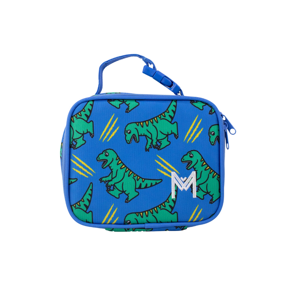 Montiico Mini Lunch Bag covered in green dinosaurs on a blue background