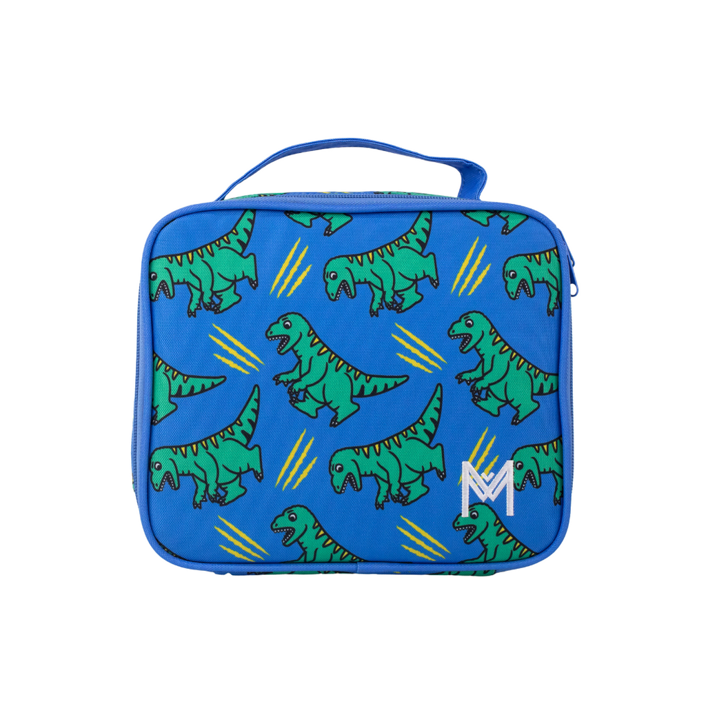 Montiico Medium Lunch Bag covered in green dinosaurs on a blue background