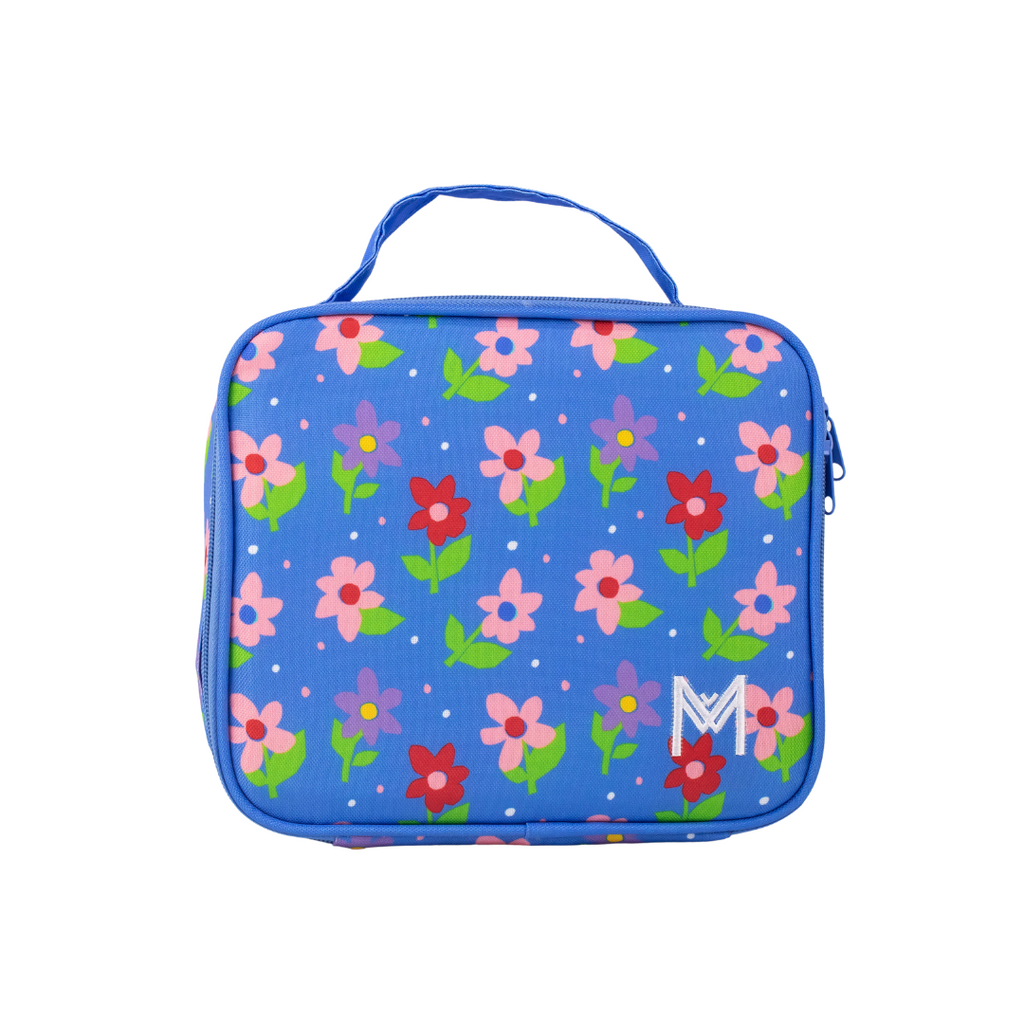 Montiico Medium Lunch Bag with red, pink and purple flowers on a blue background