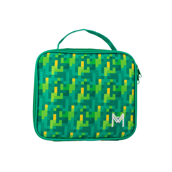 Montiico Medium Lunch Bag covered in green and yellow pixels