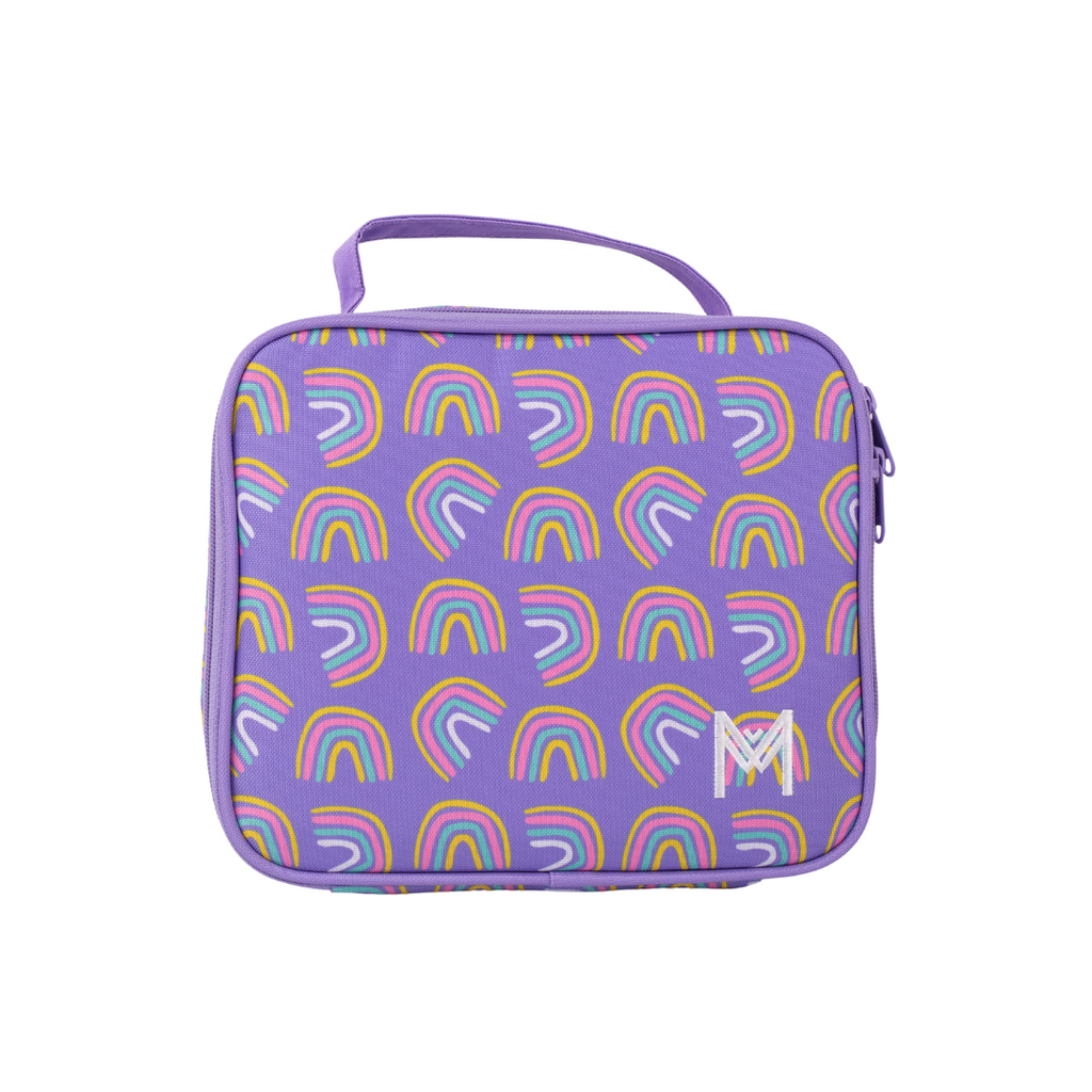 Montiico Medium Lunch Bag covered in rainbows on a purple background