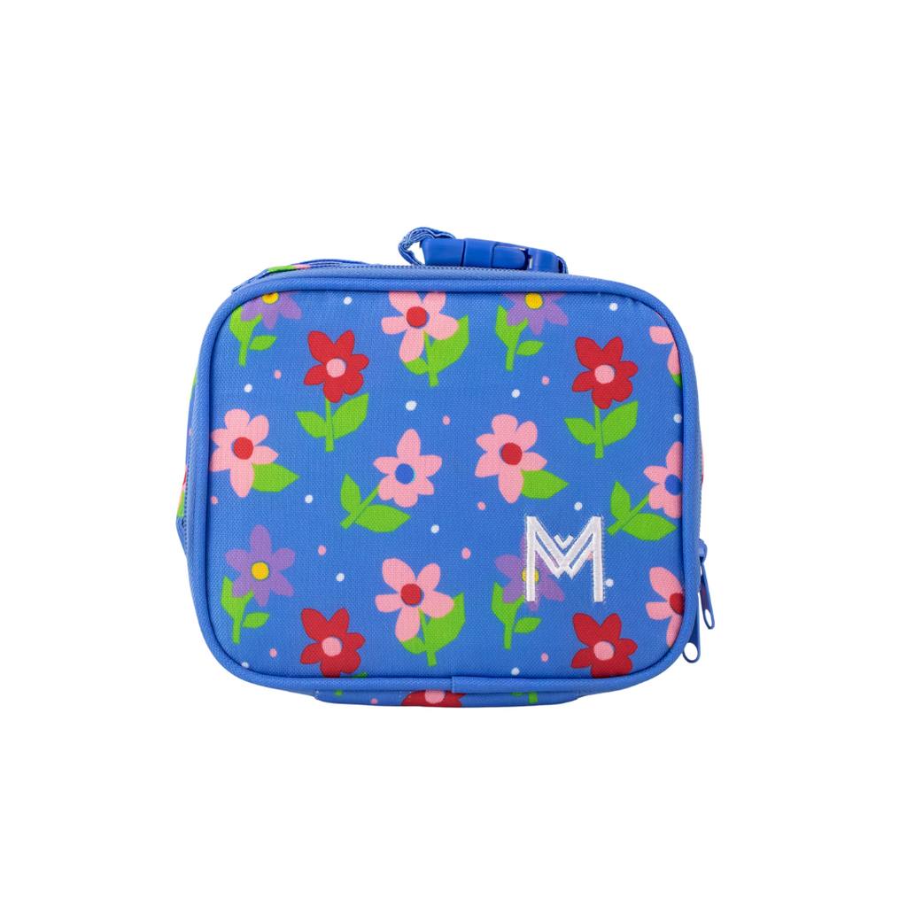 Montiico Mini Lunch Bag with red, pink and purple flowers on a blue background