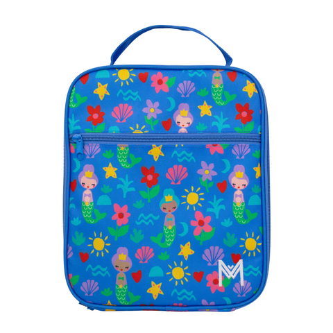 Montiico Large Lunch Bag with bright coloured merits, shells, waves and suns on a bright blue background