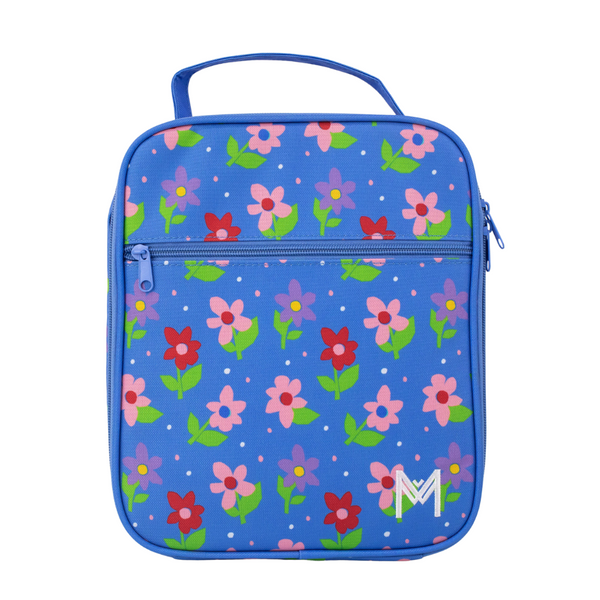 Montiico Large Lunch Bag with pink, red and purple flowers on a blue background