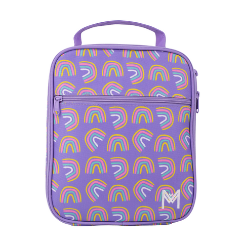 Montiico Large Lunch Bag with rainbows on a purple background
