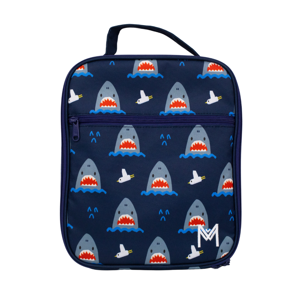 Montiico Large Lunch Bag with grey shark heads coming out of blue wave on a dark blue background 