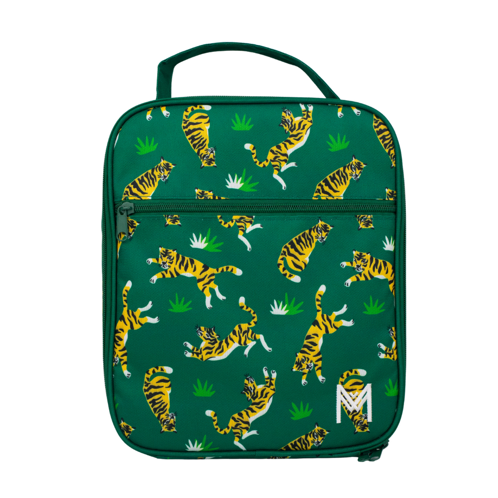 Montiico Large Lunch Bag with yellow and black striped tigers on a dark green background