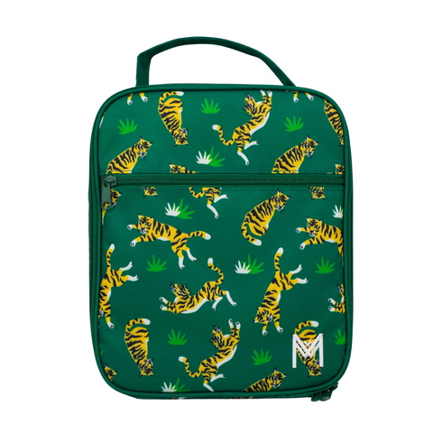 Montiico Large Lunch Bag with yellow and black striped tigers on a dark green background
