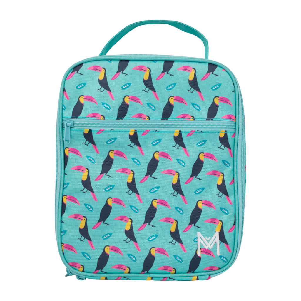 Montiico Large Lunch Bag with black and pink toucans on an aqua blue background