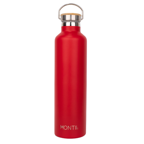Montiico Mega Drink Bottle in the colour cherry red with bamboo screw top lid