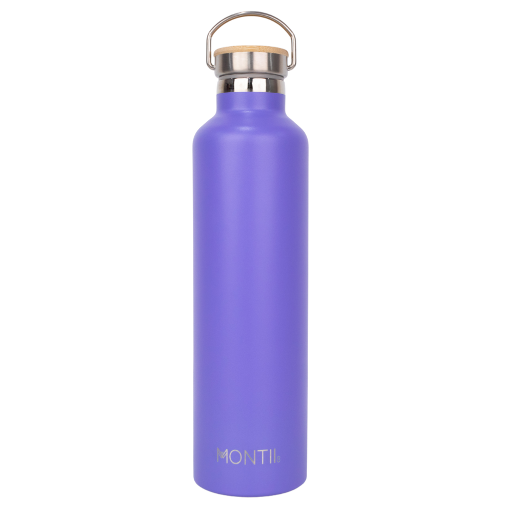 Montiico Mega Drink bottle in the colour purple grape with bamboo screw top lid