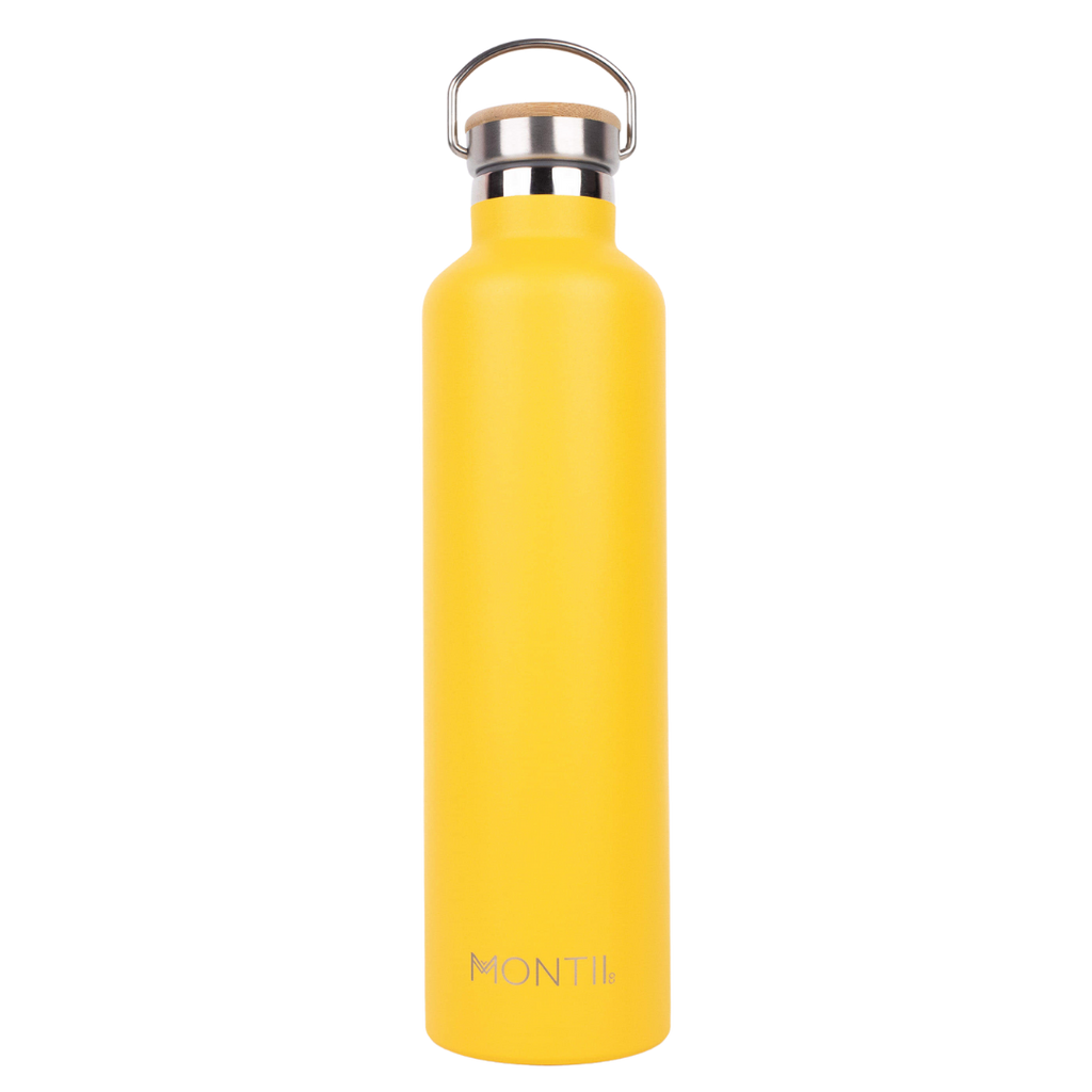 Montiico Mega Drink Bottle in the colour pineapple yellow with a bamboo screw top lid.