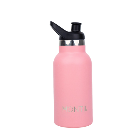 Montiico Mini Drink Bottle in the colour strawberry pink with a sipper lid.