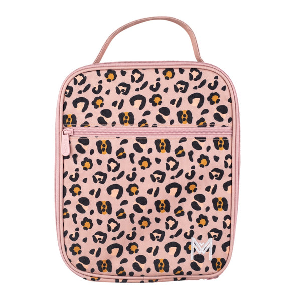 Montiico Large Lunch Bag that has a light pink background covered in black and orange leopard spots