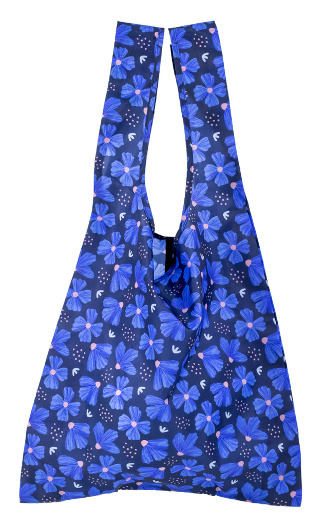 Montiico reusable shopper bag in a blue floral print.