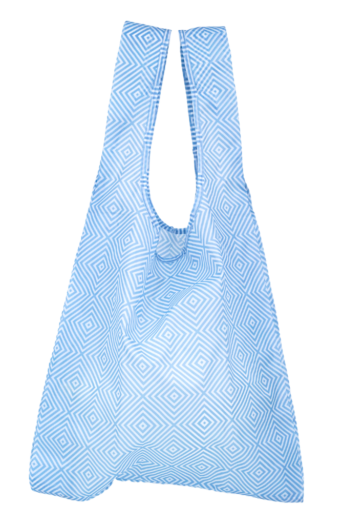 Montiico reusable shopper bag in a light blue and white geometric print.